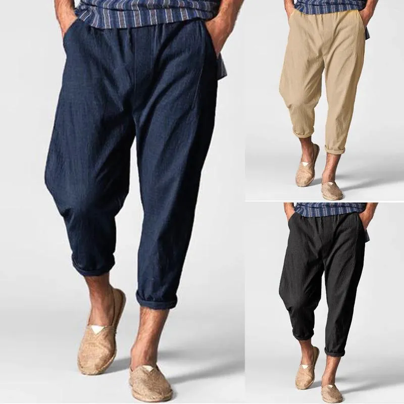 Calças masculinas Moda casual simples calma de calça sólida algodão e linho cintura elástica nove confortável alta qualidade em estoque