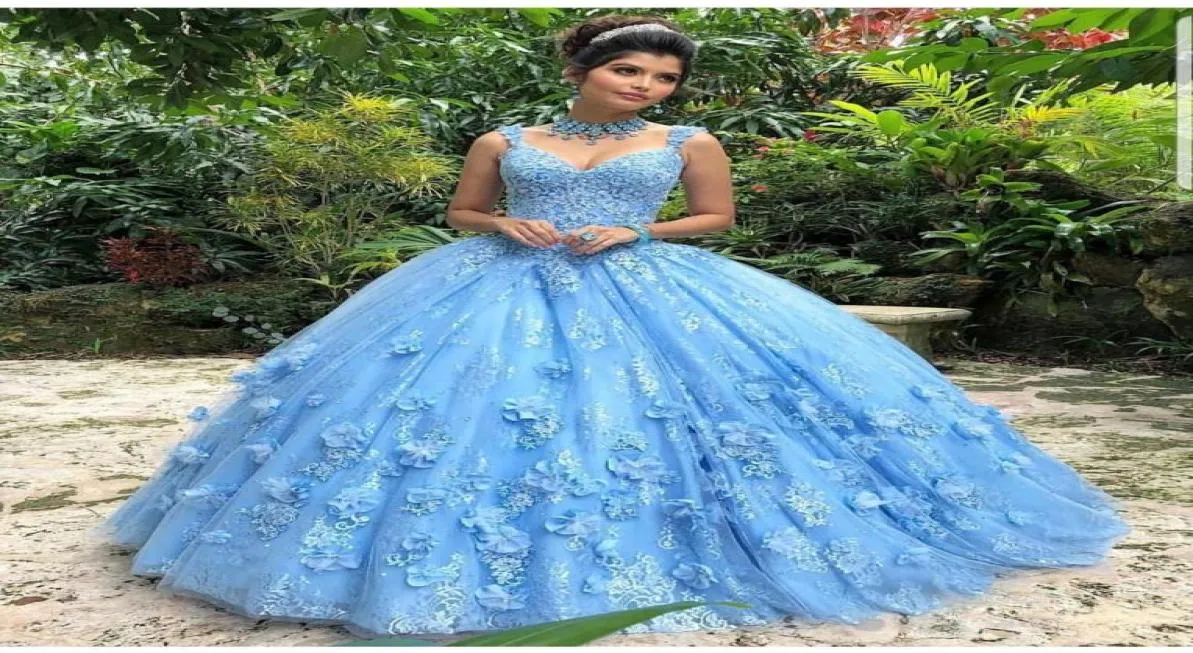 Blaue Spitze Perlen Vintage Quinceanera Prom Kleider sexy handgemachte Blumen Ballkleid Abend Party Süß 16 Kleider4092056