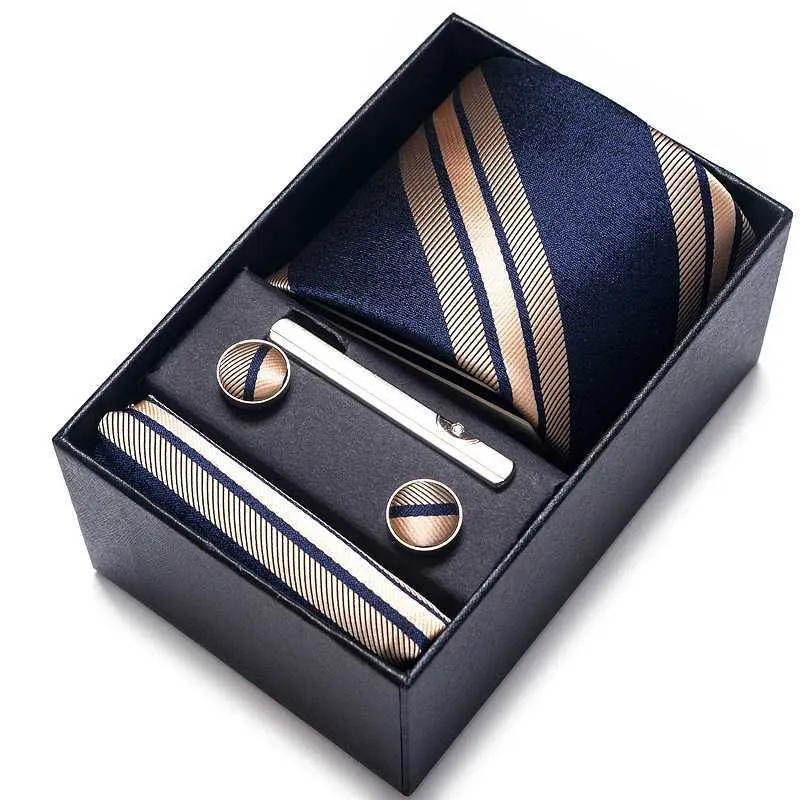 Hals Krawatten 100% Seidenmarke Krawatte Griff Manschettenknöpfe Set Herren Halskette Urlaubs Geschenkbox Blau Gold Set Accessoires Ultra Thin Wedding KleiderC240407