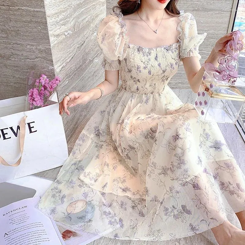 Casual Dresses Korean Floral Party Dress Spring Summer White Chiffon Long Elegant Short Sleeve Fairy Women Vestidos Y2k