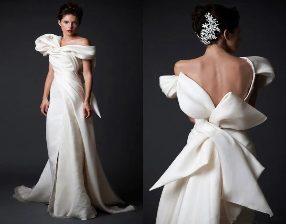 Krikor Jabotian elfenben Aline Bröllopsklänningar med Back Bow Custom Made Ruffled Formal Wear Mante Offshoulder Backless Bridal Wed4737367