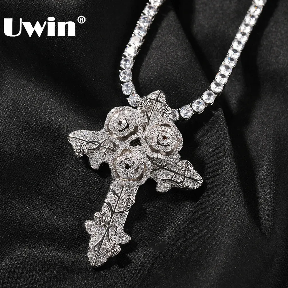 Uwin Iced CZ Cross Cross подвесные ожерелья кубические цирконии цветут розы, чар, модные панк -рэпер украшения для подарка 240407