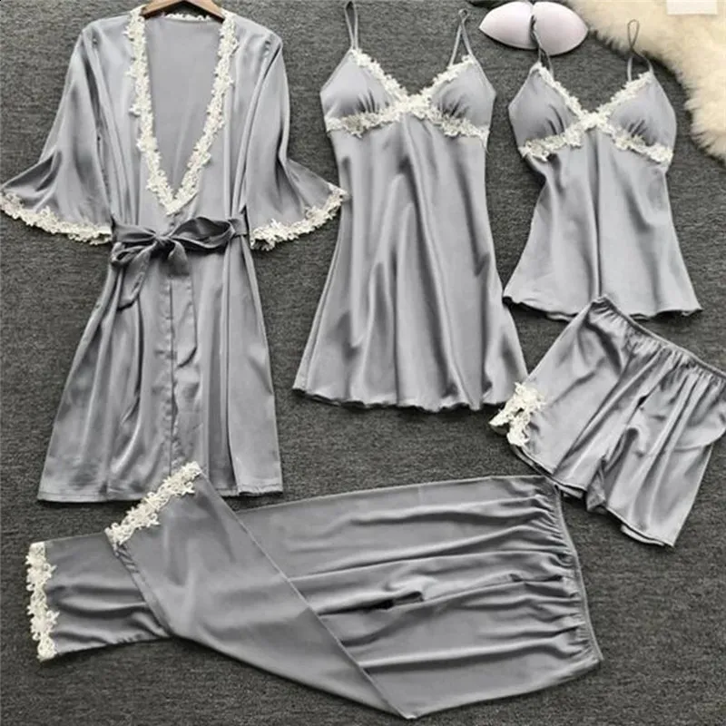 Kvinnor Satin Sleepwear Thin 5 Pieces Pyjamas Sexig spets Pajamas Sleep Lounge Pijama Silk Night Home Clothing Pyjamas kostym 240402