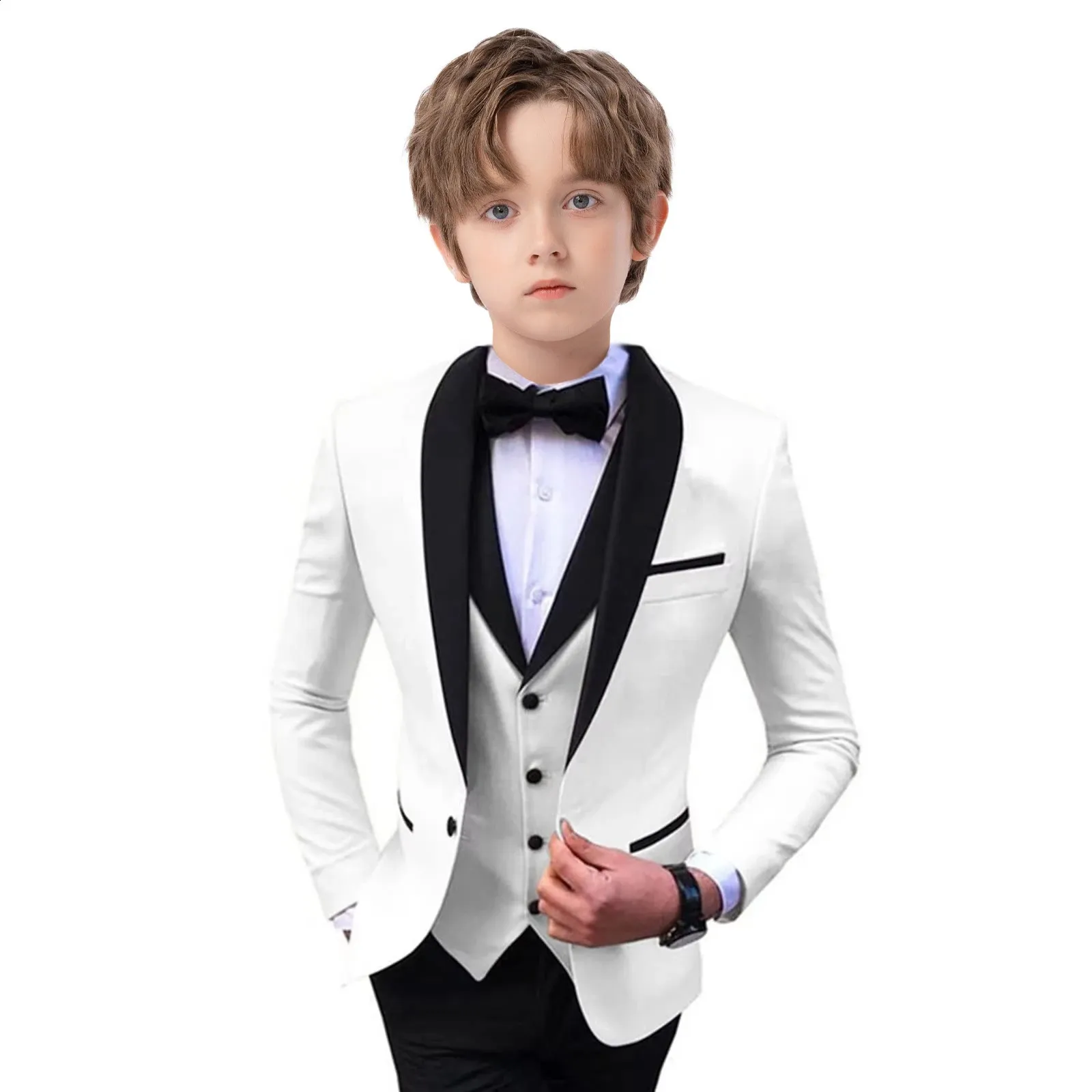 Stylish Slim Fit Boys Suit Set 3 Pieces Tuxedo For Formal Occasion Blazer Vest And Pants Kids Outfit Wedding Prom Fast Ship 240328