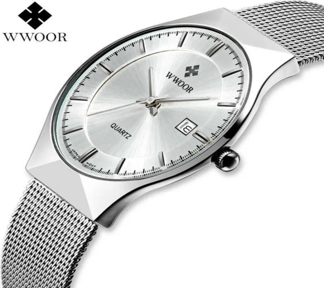 Wwoor Brand Men Regarde Quartz Date analogique Date Japon Mouvement Ultra mince en acier en acier Slim Male de poignet Silver pour hommes X08675756