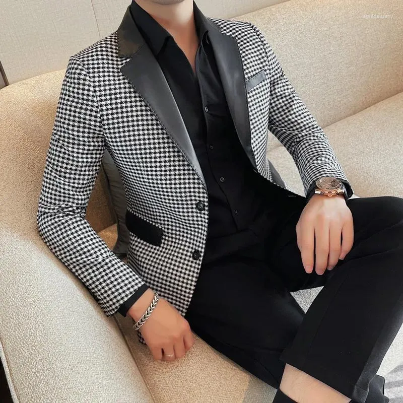 Men's Suits 2024 High Quality Fashion Handsome Trend Boutique Plaid Suit Spring Slim-fit Single Breasted Collar Splicing Leather