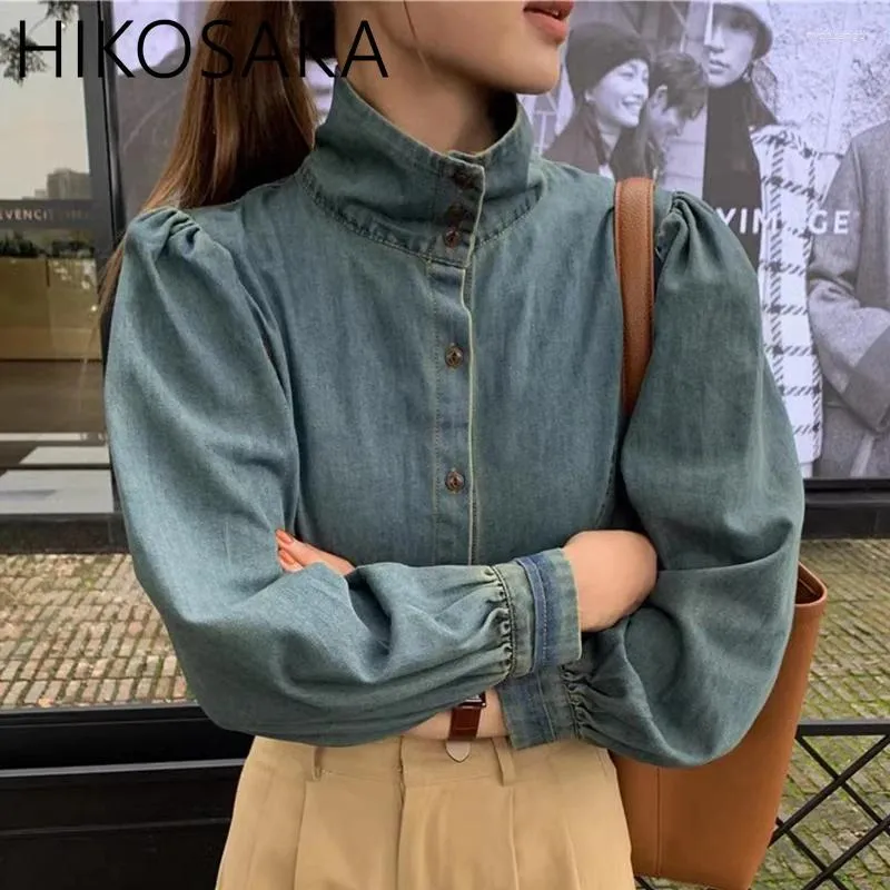 Blusas femininas coreanas chiques camisas de jeans vintage stand colar colar solteiro solto casual casual all-match manga longa top 2024 spring camisas