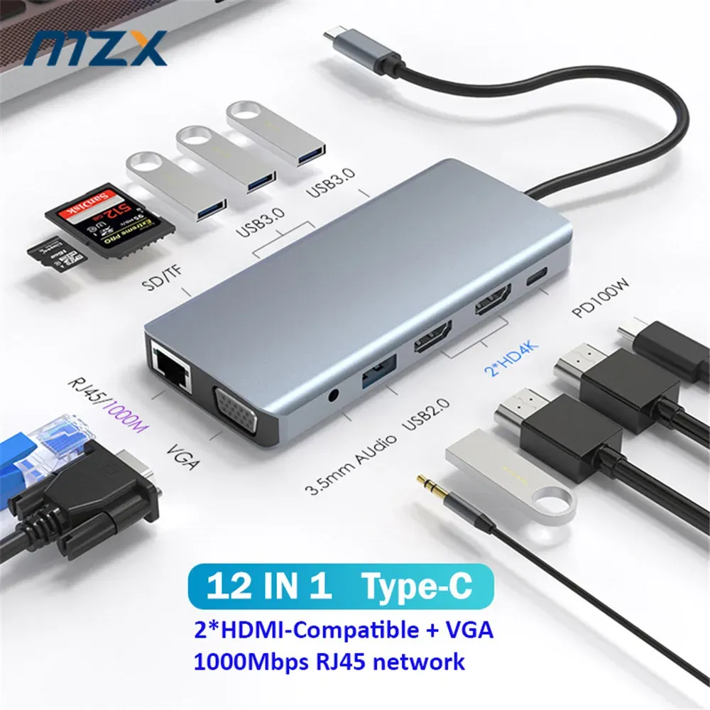 Hubs MZX 12in1 Docking -Stationen Hub USB -Erweiterung Dual 2 hdmicompatible Tipo C Typ 1000 Mbit / s RJ45 Dock für Buchlaptopfenster