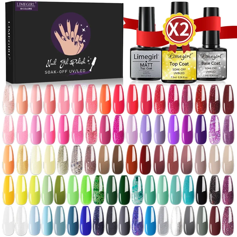 Satser limegirl gel nagellack set 60/40/24 färger semi permanent uv led gel lack blöt av nagel lackar bas topprock