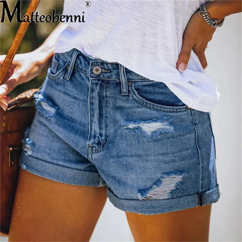 Donne alla moda strappato con pantaloncini di jeans arrotolati in giro per la vita vintage tasca casual short short jeans pantaloni 240407