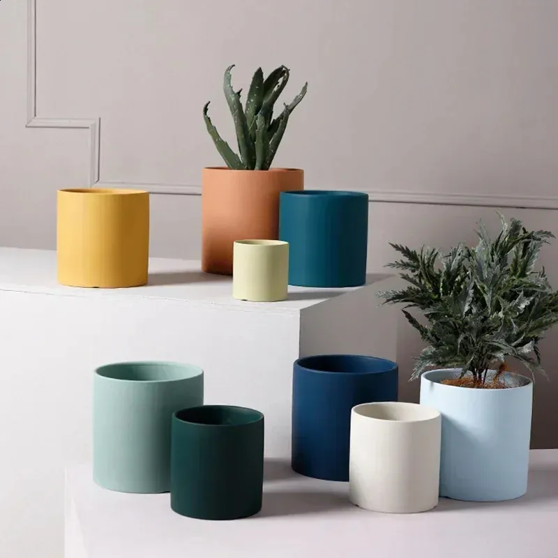 Çiçek Bitki Pot Renkli Seramik Flowerpot Nordic Stil Etli Ekici Silindirik Tencereler Delik Bahçesi Dekorasyonu1 240325