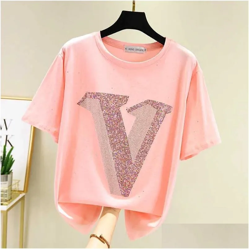 Women'S T-Shirt Womens T Shirt Women Short Sleeve Shiny Diamond Summer Tops Fashion Woman Clothes Tshirt Tee Femme Digirl Drop Deliver Dhasa