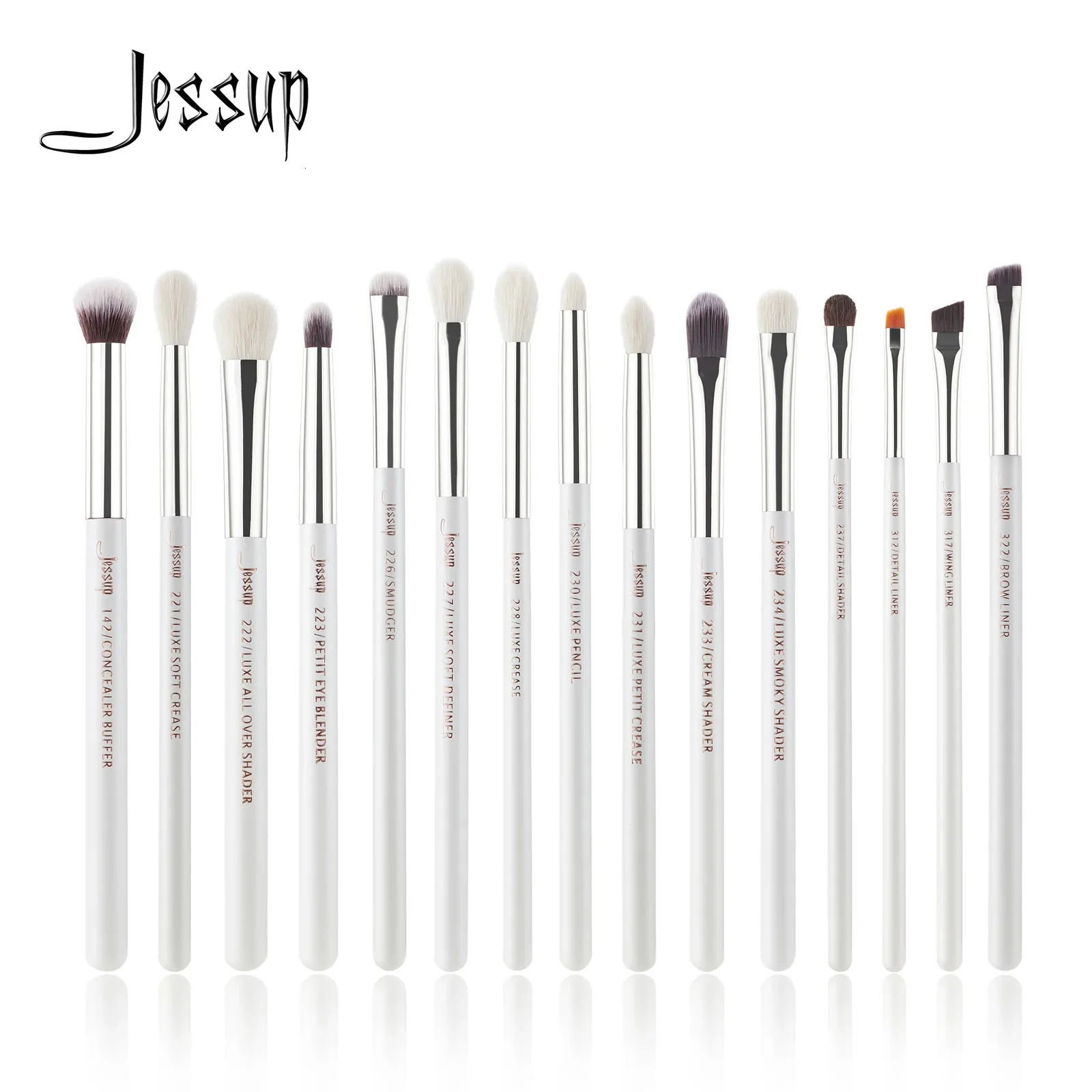 Jessup Profesjonalne szczotki do makijażu Zestaw 15pcs makijaż pędzla Pędzer Pearl White/Srebrne Narzędzia Kit oka podszewca oczu naturalne włosy 240327