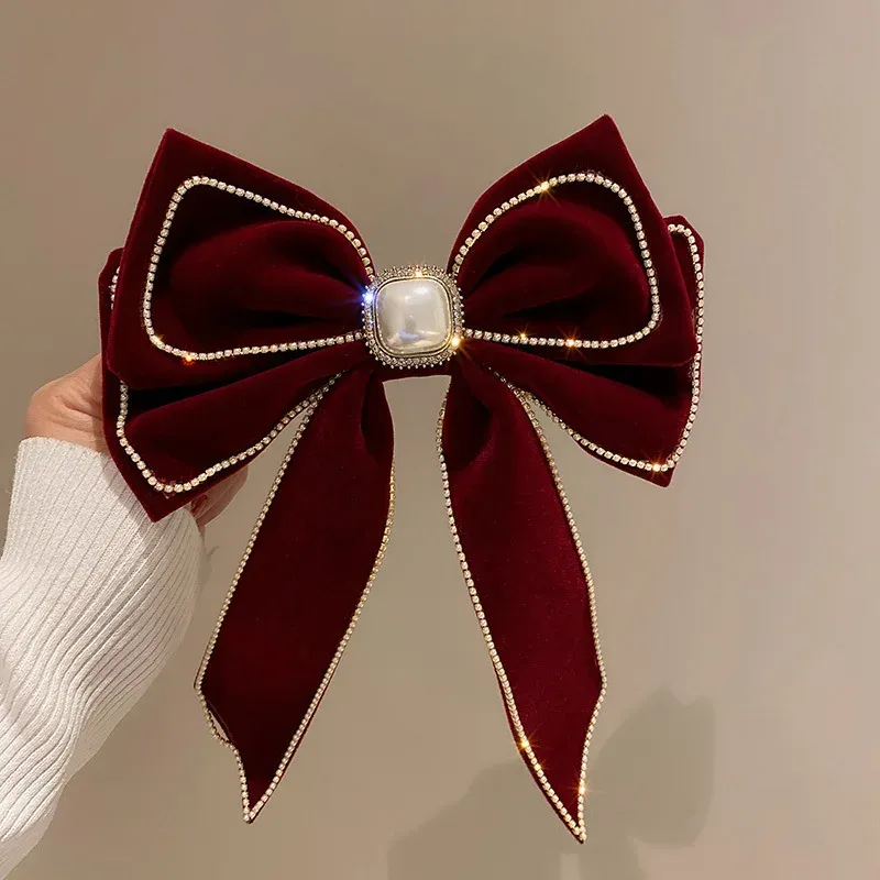 Premium Velvet Bow Hair Clip with Rhinestone & Pearl Accents  display picture 1