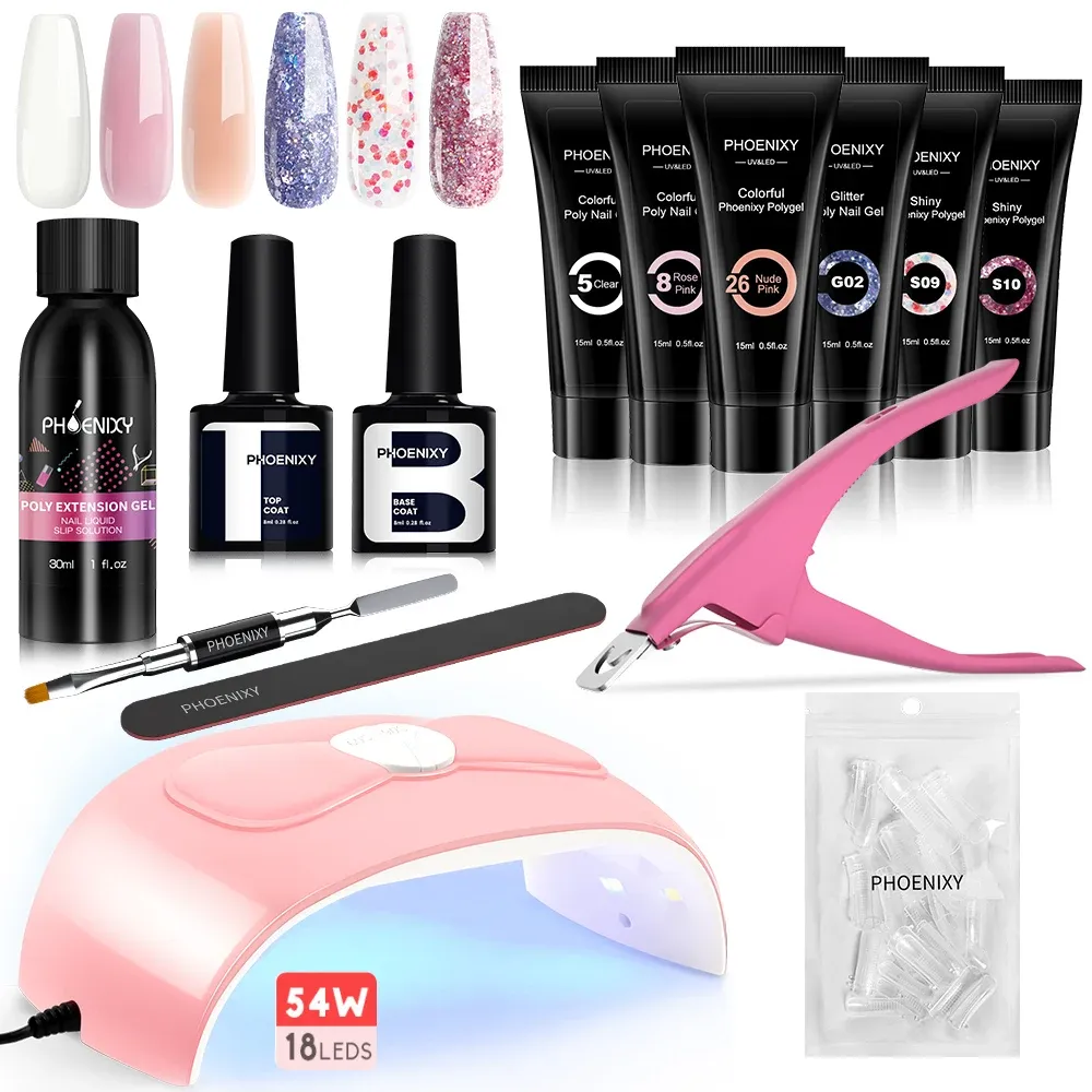 قمصان تمديد الأظافر القمصان 54W UV LED مصباح Manicure مجموعة 6pcs بولي الأظافر هلام تنقع قبالة بناء الهلام السريع للأشعة فوق البنفسجية للأظافر أدوات الفن