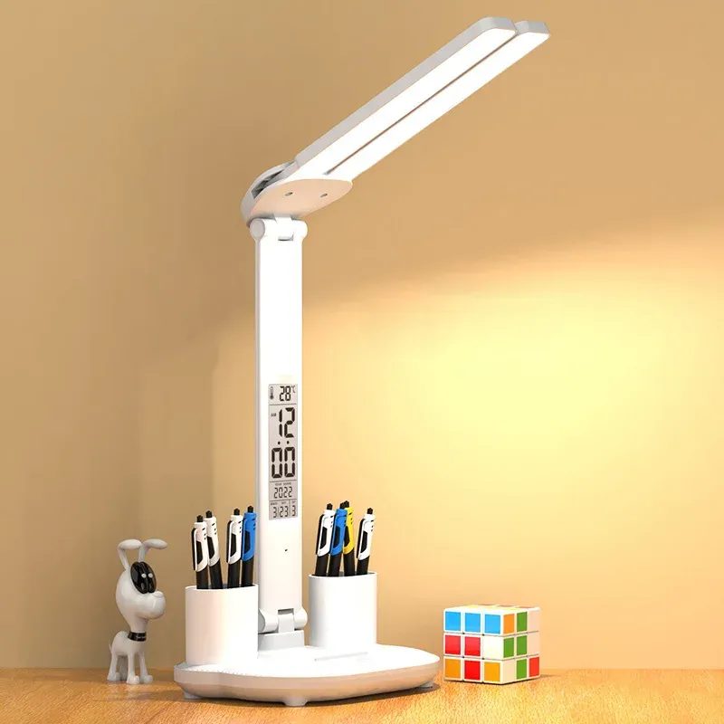 Klockor LED -skrivbordslampa USB Dimble Touch Foldbar bordslampa med kalendertemperaturklocka nattljus för studieläsningslampa