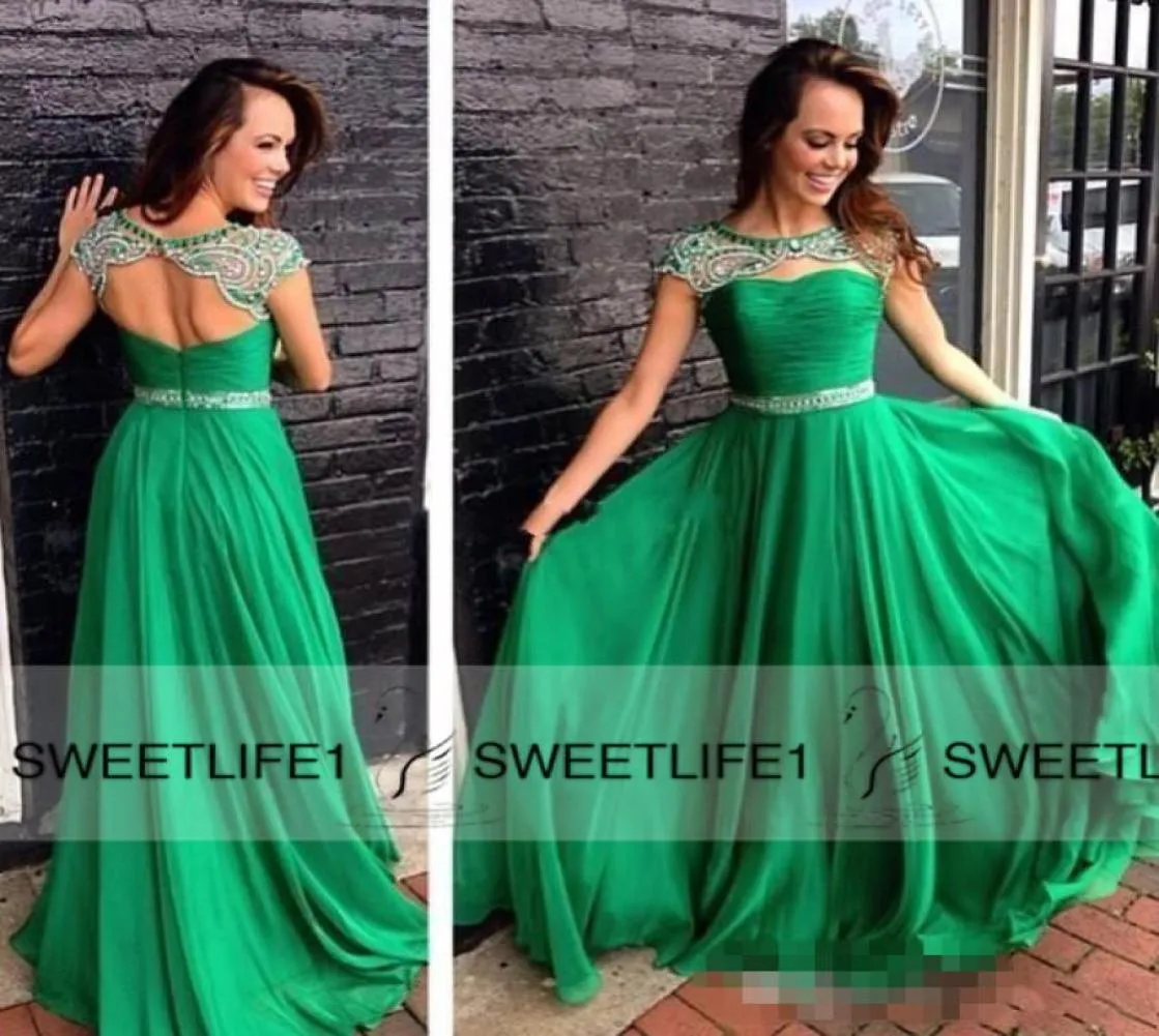 2019 A Line Chiffon Emerald Green Ruffles Evening Dresses Beaded Formal Custom Made Backless High Neck Long Prom Gowns Capped Slee4255303