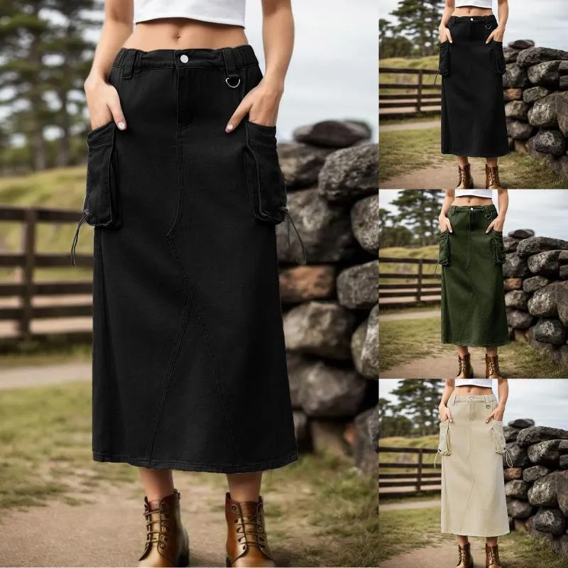 Jupes vintage cargo crayon jupe denim faldas femmes basse taille cordon de taille rétro long jean droit solide divisé solide