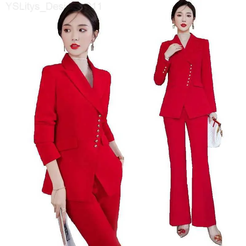 Kvinnors tvådelade byxor Kvinnor Fashion 2-stycken Set Formal Red and Black Jacket+Pants Set Flare Trousers Fe Office Womens Workwear S-4XLC240407