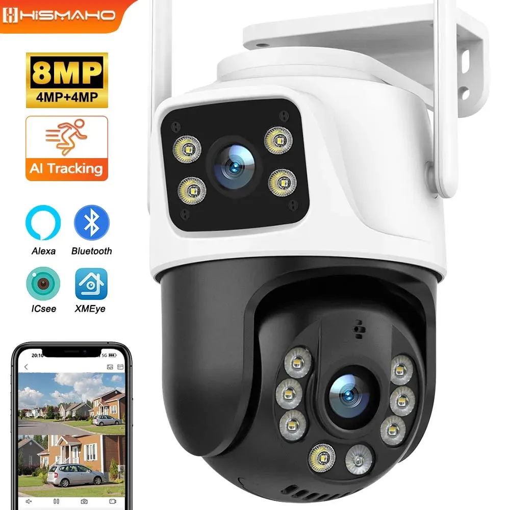 Kameralar 4K 8MP PTZ WiFi Kamera Açık Çift Lens Çift Ekran CCTV Monitör Güvenlik Koruması AI İzleme Video Gözetim ICSEE