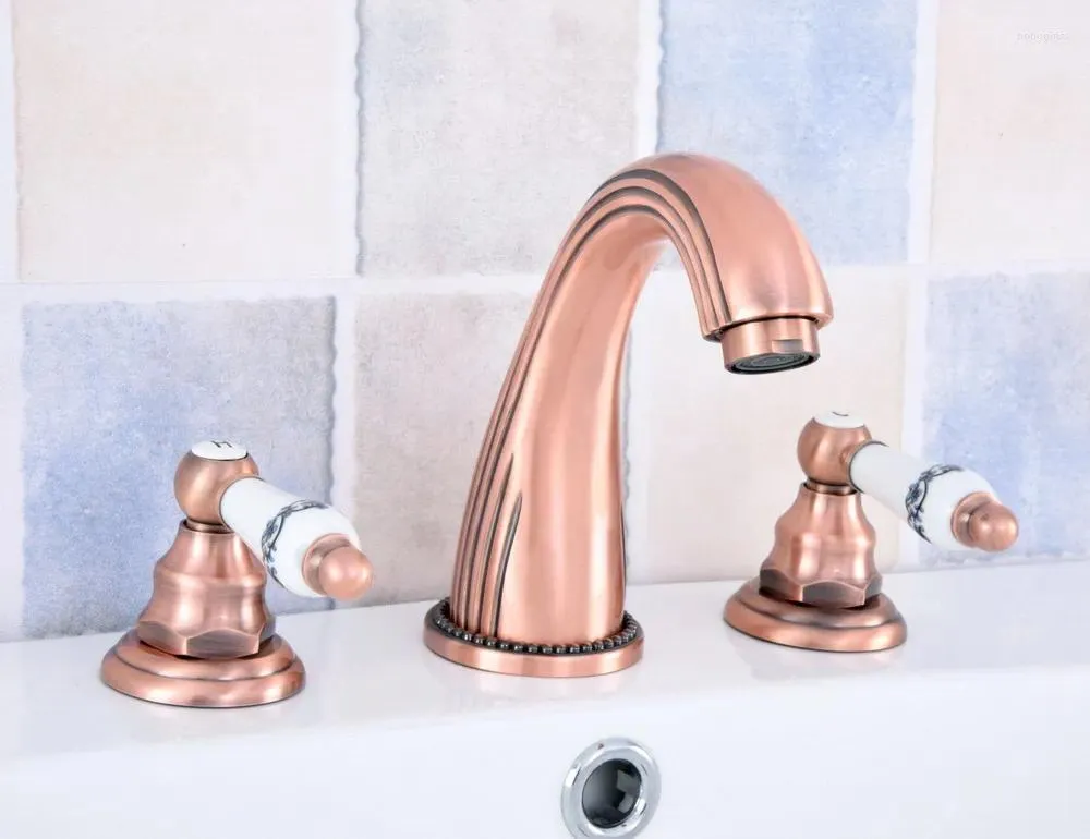 Badkamer wastafel kranen antiek rood koperen messing dek gemonteerd dubbele handgrepen wijdverbreide 3 gaten bekken bekken mixer Water TAPS MSF537