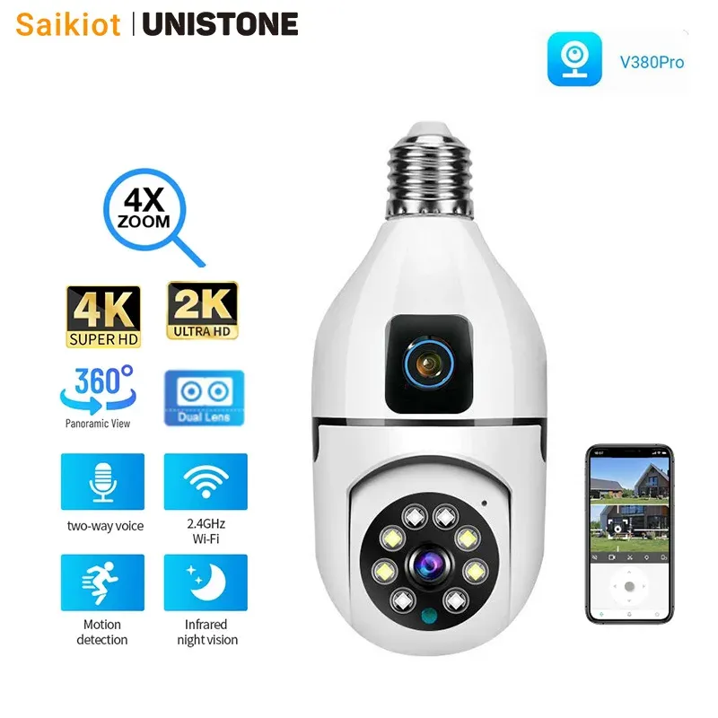 Cameras Saikiot V380 4MP 8MP 4K E27 360 Bulwa WiFi podwójny obiektyw żarówka Kolor nocnej wizji CCTV IP Indoor Deal Lens Cearbon