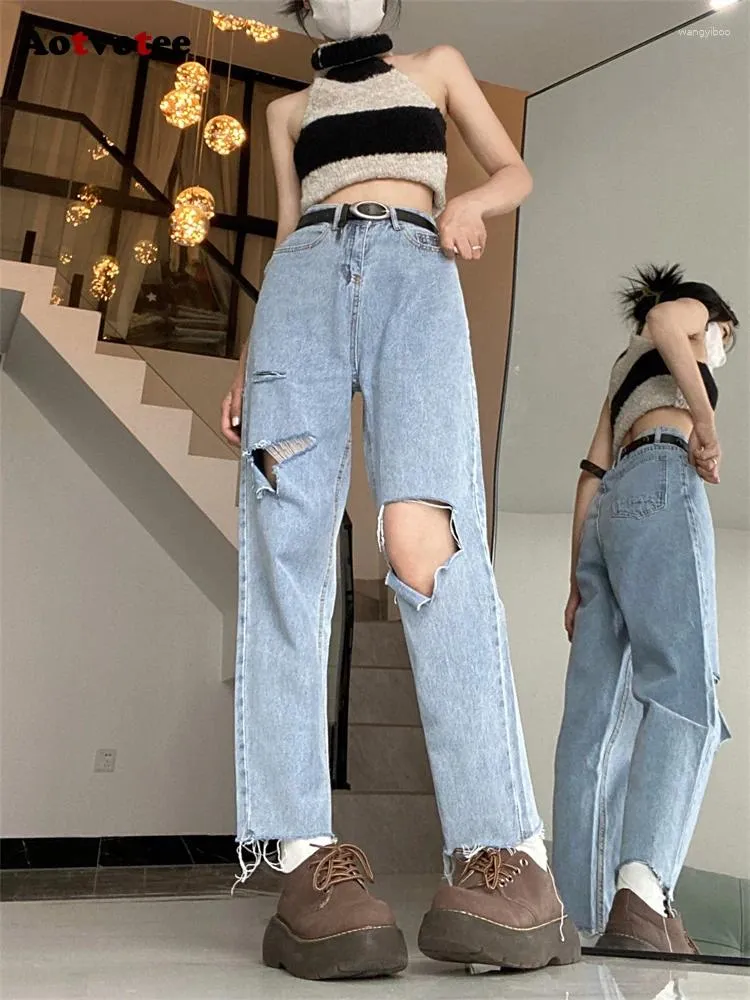 Women's Jeans Aotvotee Light Blue For Women 2024 Streetwear Loose Ripped Wide Leg Chic High Waist Straight Ankle Length Pants