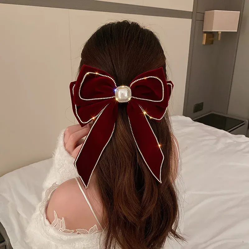 NEW HAIR ACCESSORIES:Hair clips  velvet bows with Pearl accents New Wine Red Velvet Bow Hair Clips for Women Rhinestone  main image 2