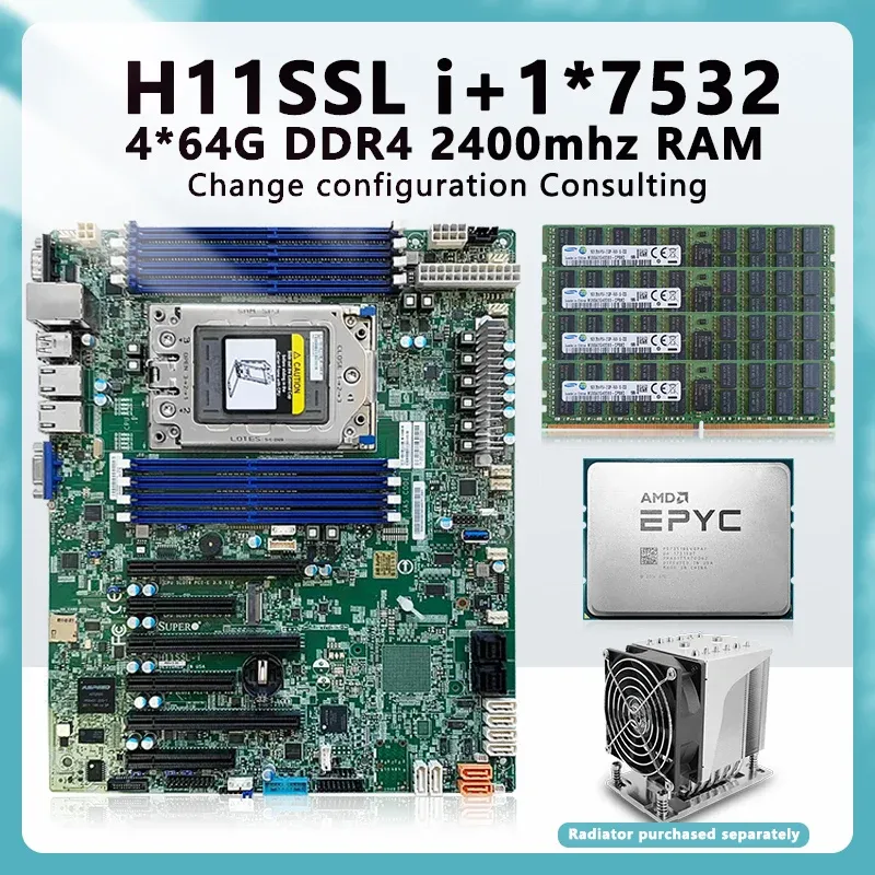Motherboards H11SSLi SP3 Motherboard +1* 7532 32C/64T 200w CPU Processor+4* 64GB=256GB RAM DDR4 2400mhz RECC Memory EPYC 7532 FOR H11SSL i