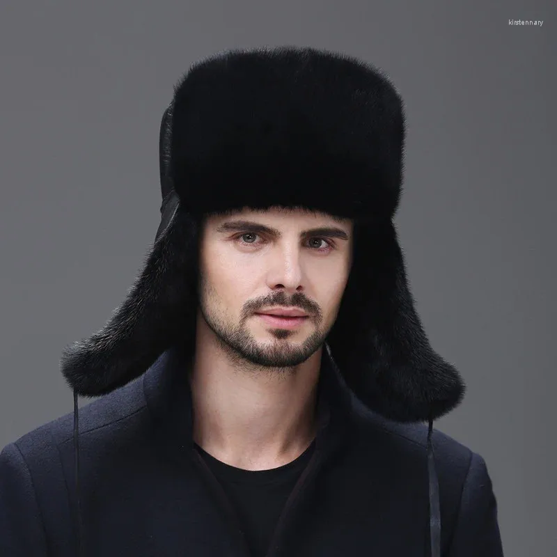 Bérets Hiver Hat Flap Men de vrai chapeaux Real Skin Protect Eart Assez chaud Affaire Russe Ushanka Généreuse Bomber en cuir