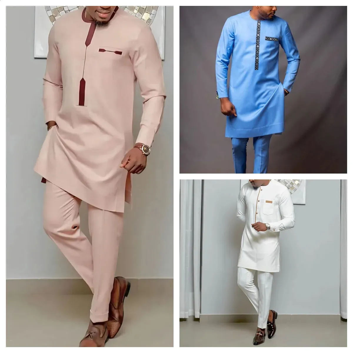 Kaftan eleganckie afrykańskie męskie zestaw 2 sztuki stroje etniczne i spodnie z długim rękawem i spodnie Pełne luksusowe męskie garnitur ślubny odzież 240326