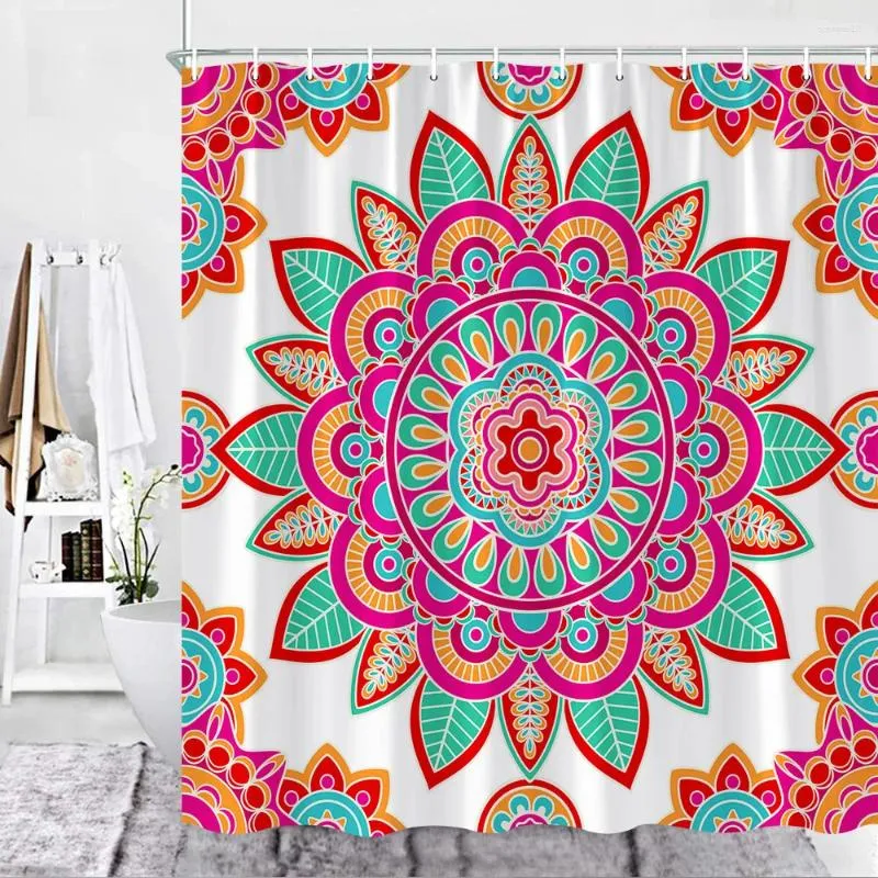 Cortinas de chuveiro Mandala padrão cortina cor boho exótico branco pendurado em tecido de poliéster Gancho de banheiro lavável