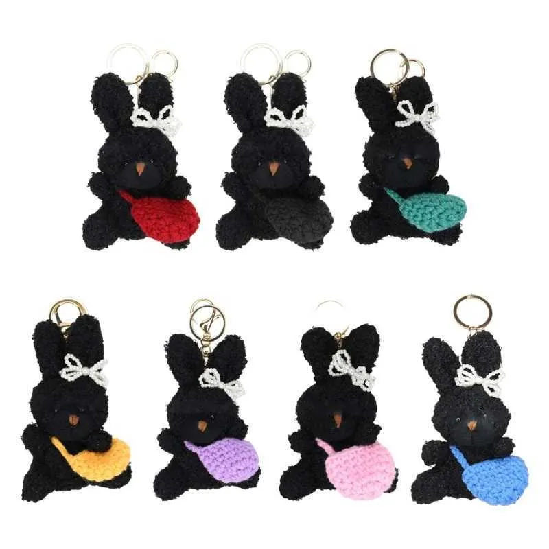 Keychains Lanyards Bowtie Curly Rabbit Keychain Söt plysch Animal Custom med Pocket Pendant Fashion Accessories Q240403