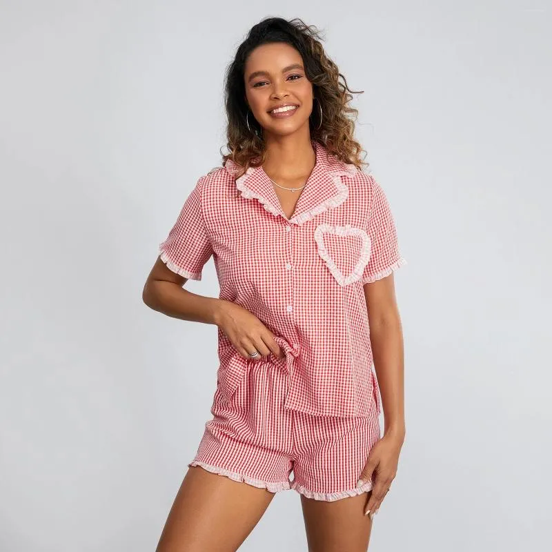 Frauen Nachtwäsche 2 -teilige Lounge Wear Sets Sommerplaid Kurzarm Rüste Trim Lteel Tops Elastic Band Shorts Pyjama