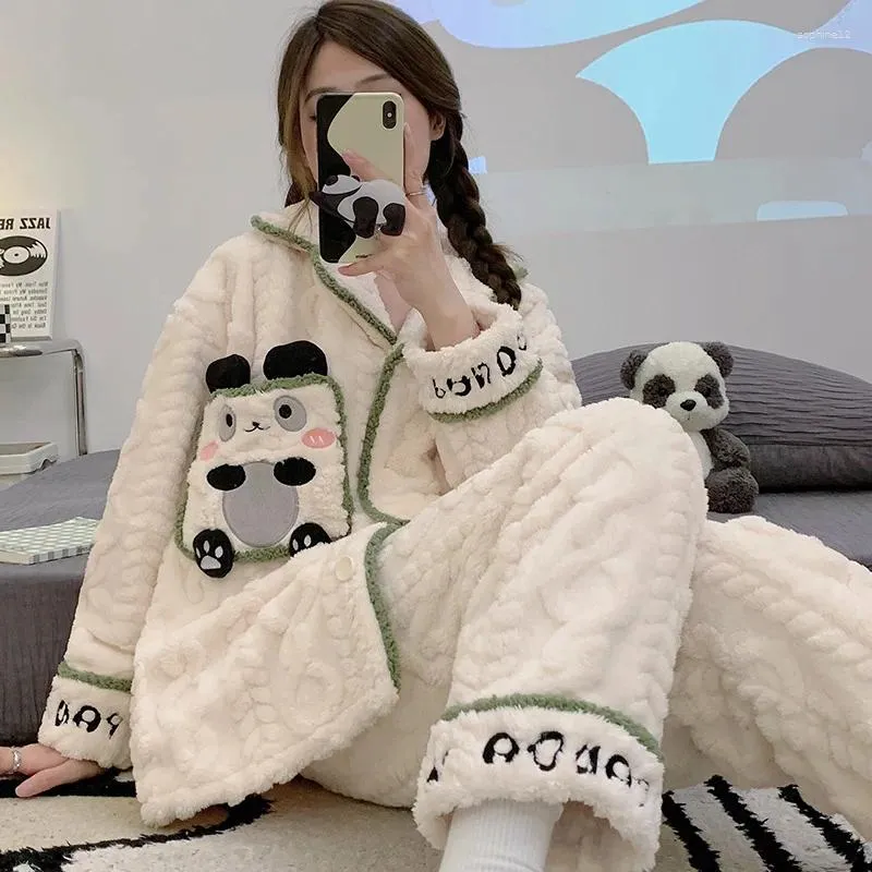 Heimkleidung Koralline Pyjama für Damen Mädchen warm niedliche Panda gedruckte Pyjama Winter Roomwear Anzug Nacht Kleidung Frauen