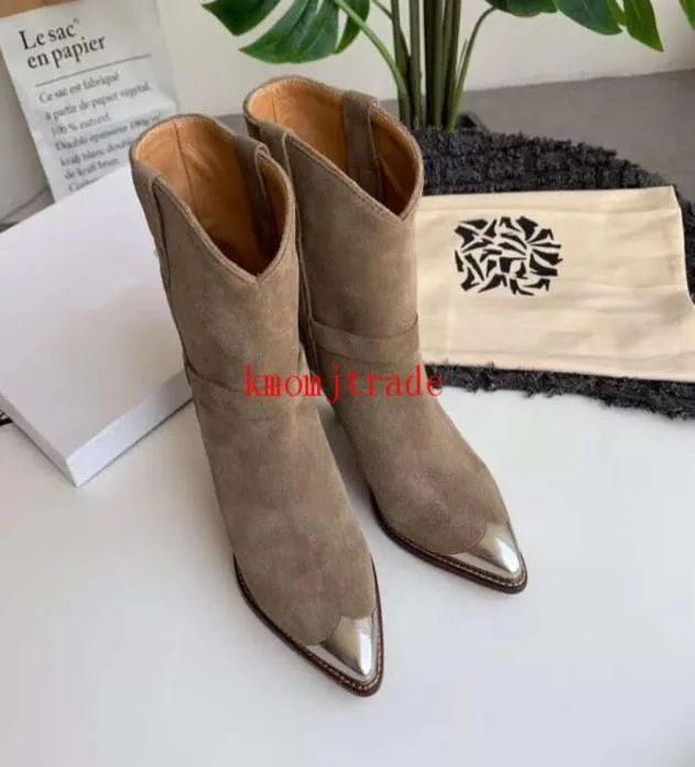 Boîte originale Chaussures de créateurs Isabel Paris Piste Marant Lamsy Lamsy Bottes en cuir Old West Point Steel Toe Ornement Boots6215166