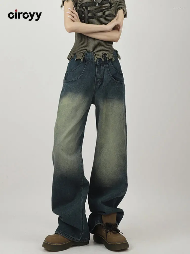 Women's Jeans Blue Baggy Women High Waisted Double Pockets Bleached Vintage Washed Full Length Wide Leg Trousers 2024 Spring Streetwear