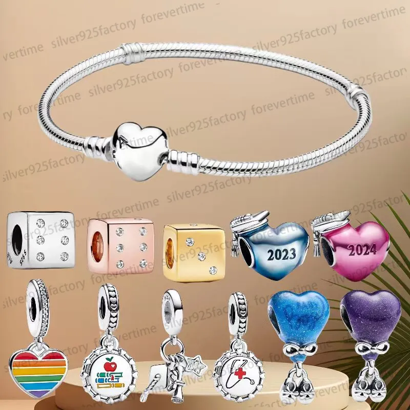 2024 Graduação Pink Heart Charm Bracelets For Women meninos meninas Diy Fit Pandoras Mindedas Tripla Charms 925 Sterling Silver Colares Designer Jóias Presentes