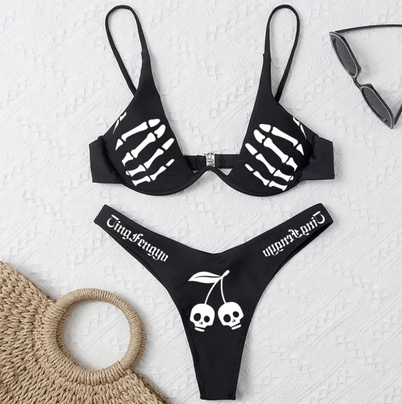 2022 Women Swimsuit Bikini Set Halloween Skull Letter Print V-neck Push Up Padded Bikini+Elastic Waist Brazilian
