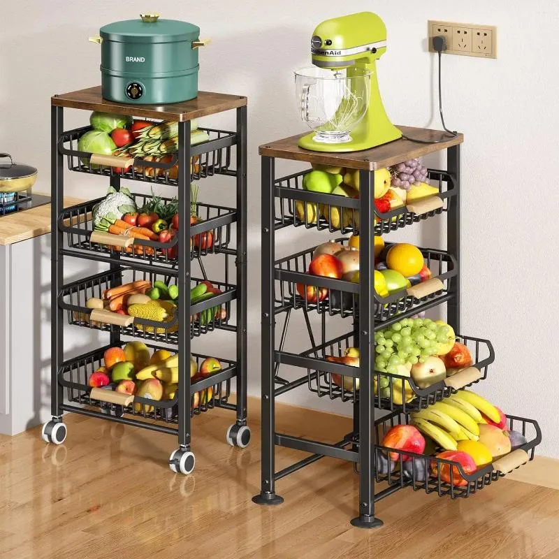Plates Basket For Kitchen 5 Tier Large Pull-out Wire With Wood Top And Wheels Storage Cart Fruit Vegetable Onions