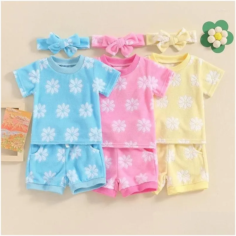 Clothing Sets Lovely Summer Born Baby Girls Flower Embroidery O-Neck T-Shirts Shorts Headband Infant Casual Soft Outfits Drop Delivery Ota4G