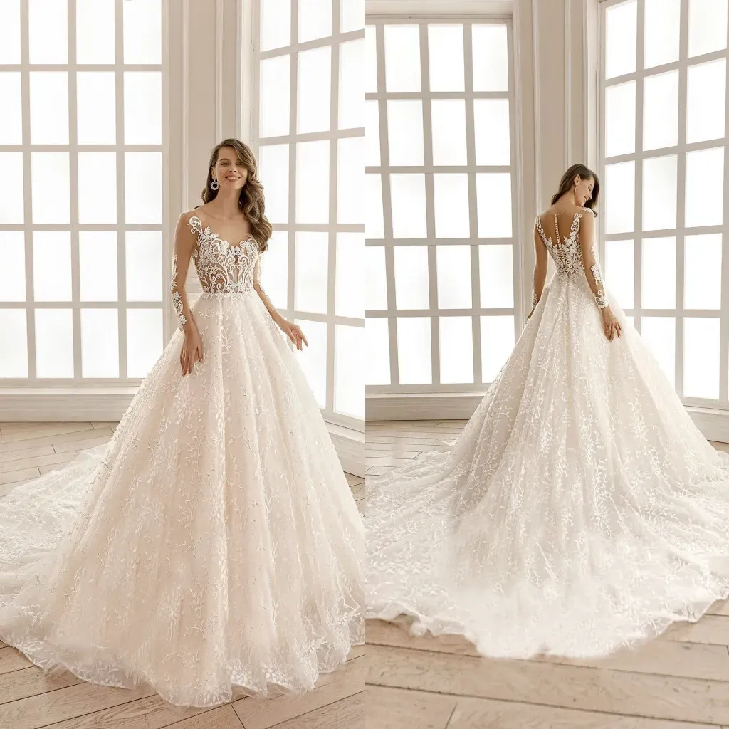 2024 abiti da sposa in pizzo gioiello a maniche lunghe Appliques perle da sposa abiti da sposa Sweep Train A Line Wedding Dress Abito DE DE MARIEE