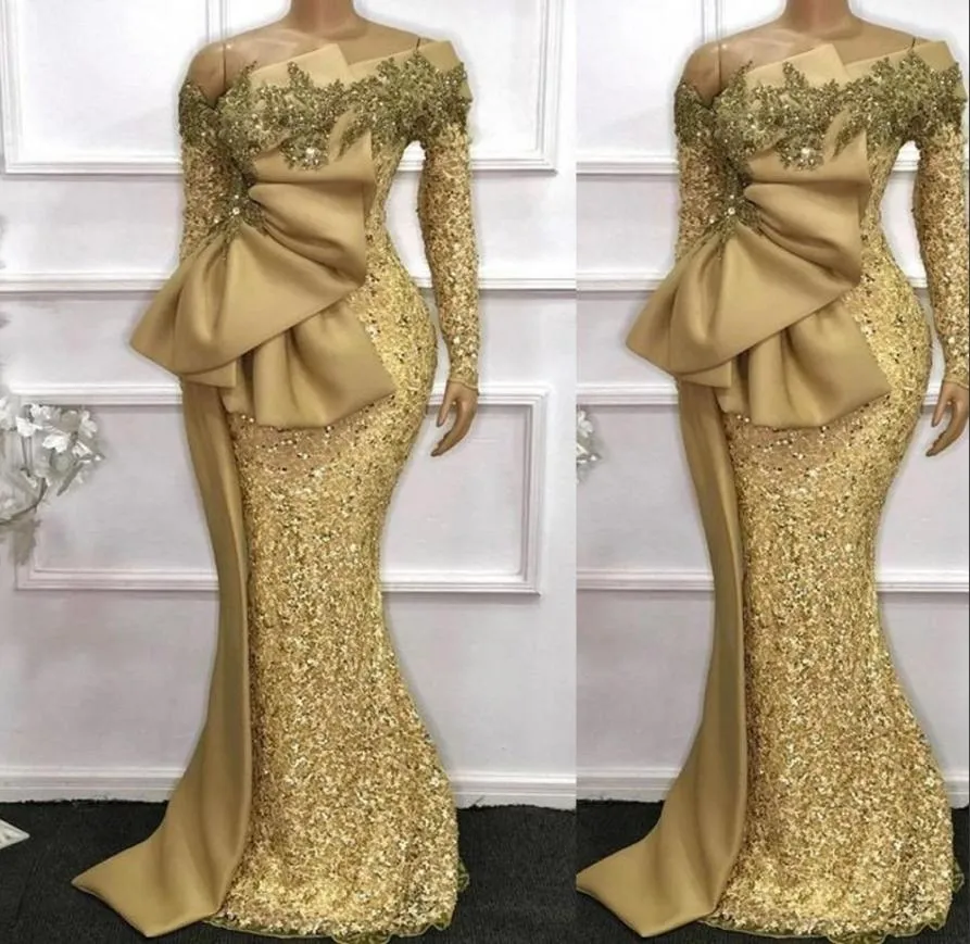 2021 Bling Sexy Prom Dresses for Women Gold Sequined Long Sleeves Off Shoulder Lace Appliques Crystal Beaded Formal Evening Dress 9297252