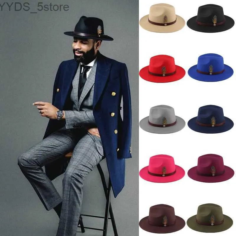 Bodeur de chapeaux larges larges 2 taille pour hommes laine panama chapeau large Fedora Feather Band Trilby Sunhat Classic Party Street Style YQ240407