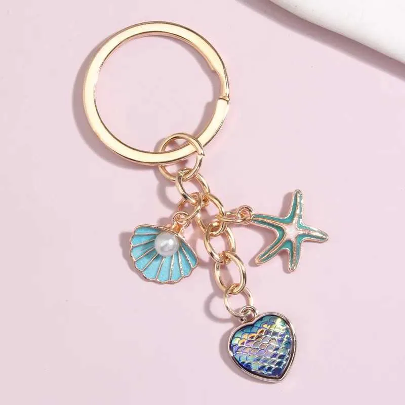 Keychains Lanyards Cute Keychain Shell Starfish Conch Mermaid Fish Scale Key Ring Sea Chains Summer Gifts For Women Men DIY Handmade Jewelry Q240403