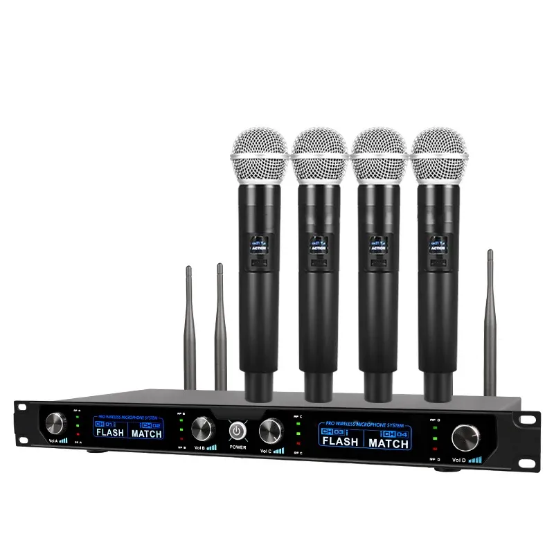 Microphones Professional Wireless Microphone System 4 Channel Handheld Dynamic Microphone Karaoke Band DJ Party Stage Church Performance