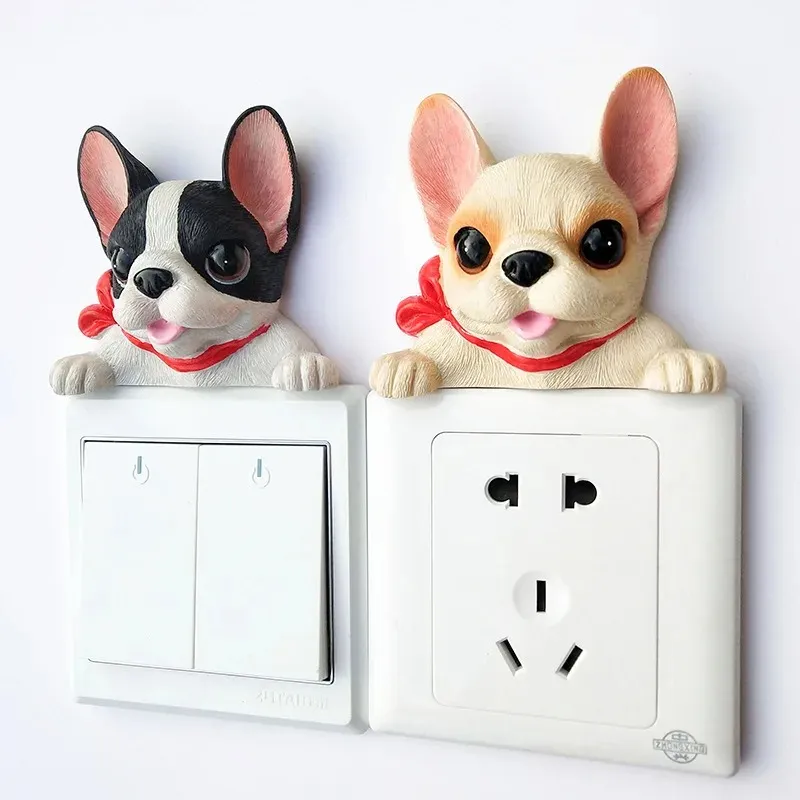 Französische Bulldoggenharzschalter 3D-Wandaufkleberzubehör Sockel Dekoration Kinder Schlafzimmer Poster Ein-Aus-Küchenstecker Ornament