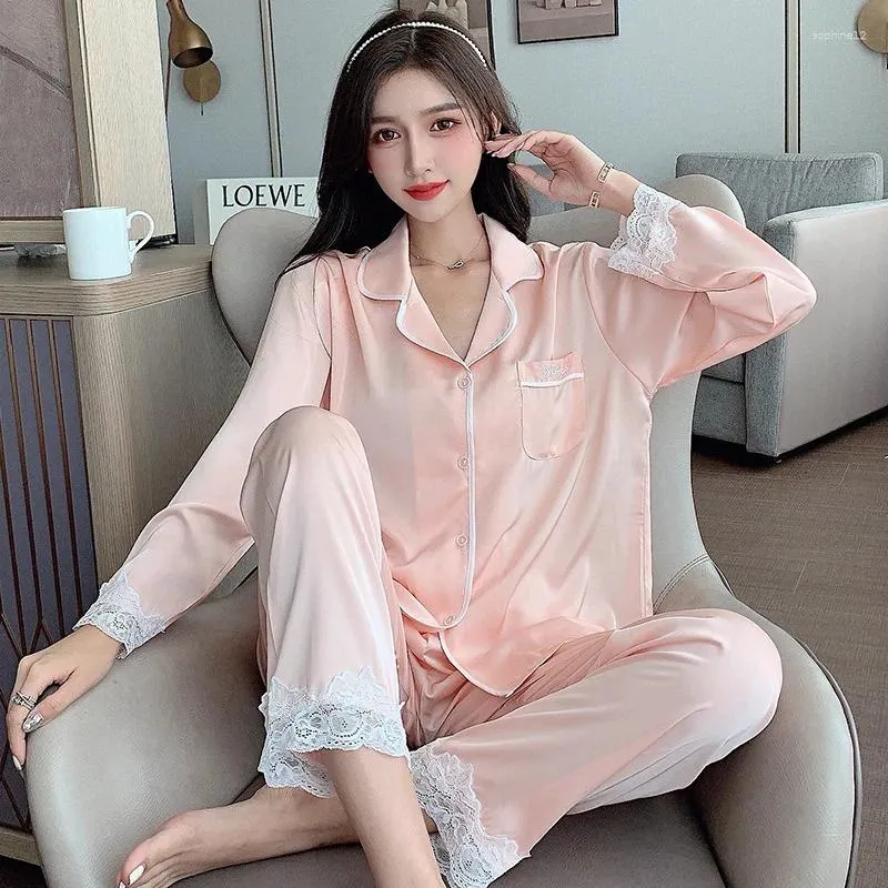 Home Clothing Cute Women Sleep Set Pink Lace Satin Patchwork Spring 2pcs Pajamas Suit Intimate Lingerie Casual Pyjamas