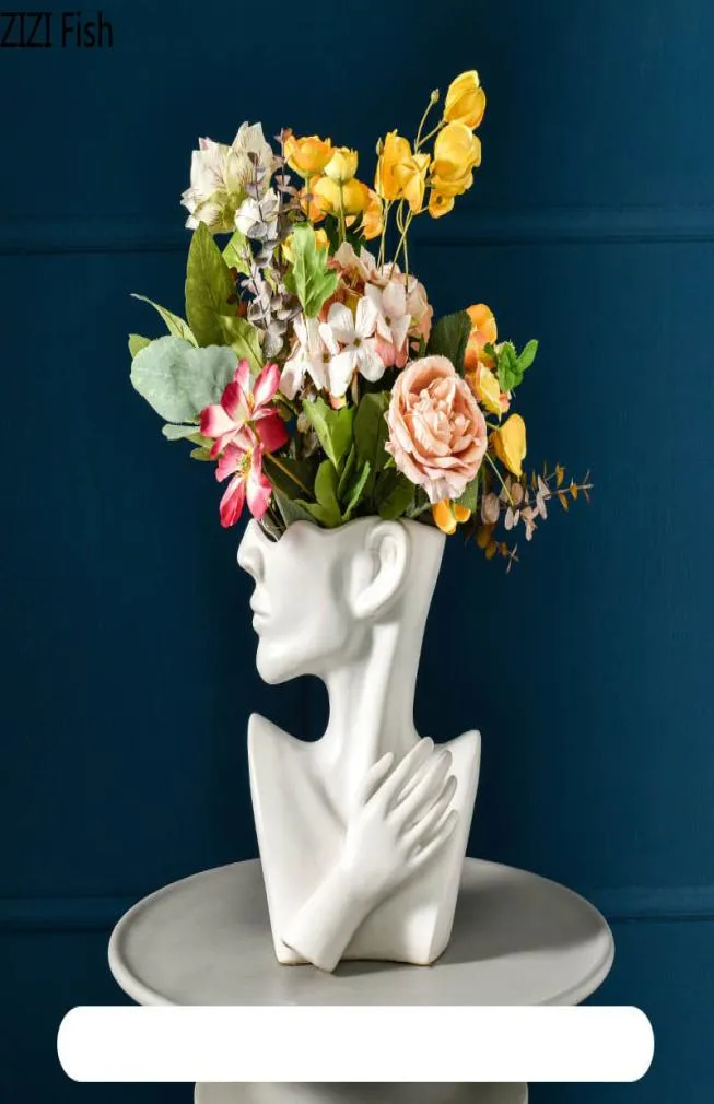 Ceramics blanc noir classique Vase Human Head Résumé Half Body Flower Pot Aromètre de floraison Décoration de vase de visage humain 1837178