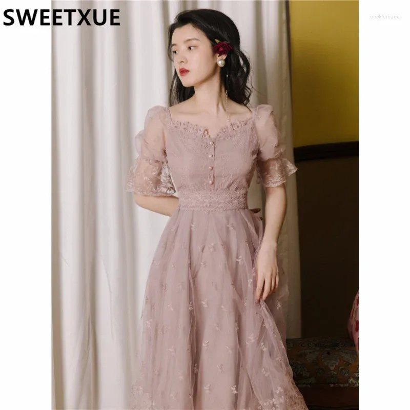 Vestidos de festa sweetxue vintage roxo de ponta de ponta de ponta de fada francesa de fada francesa bordado de renda de renda de renda de renda de renda ladras coreanas